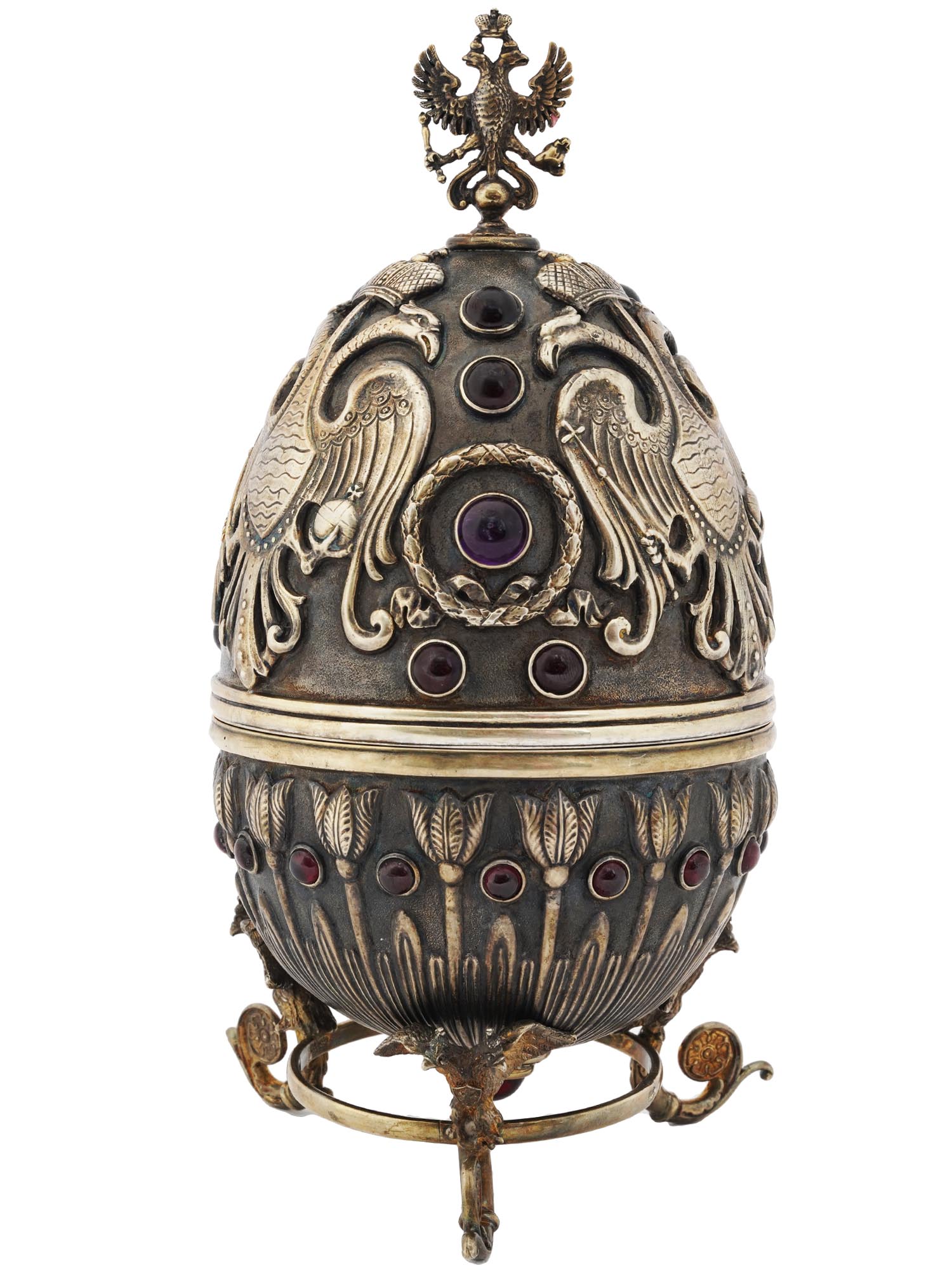 LARGE RUSSIAN GILT SILVER EGG CASKET ON STAND PIC-1